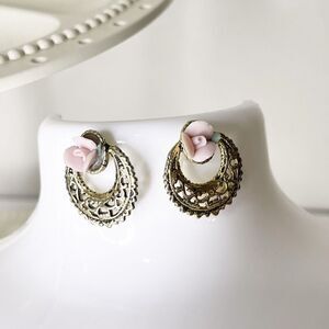 Vintage Avon Earrings Gold Tone Hoop Enamel Rose 90s Victorian Glam Fashion